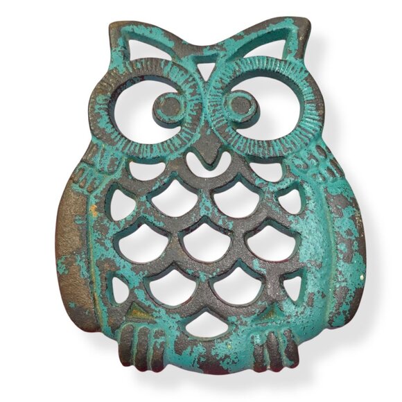 Vintage Trivit Cast Iron Owl Turquoise Teal Rustic Cottagecore Wise 7 X 6 Whimsi - Picture 3 of 5